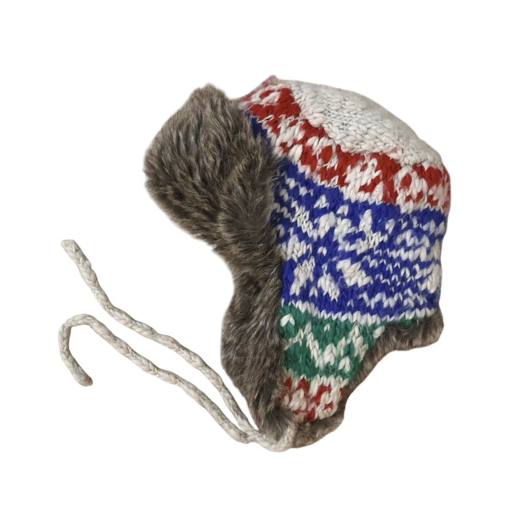 Vintage American Eagle Knit Fair Isle Faux Fur Wool Winter Snow Ski Trapper Hat